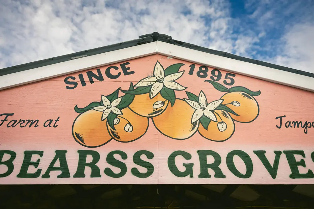 Hand-painted Bearss Groves farm stand sign, since 1895