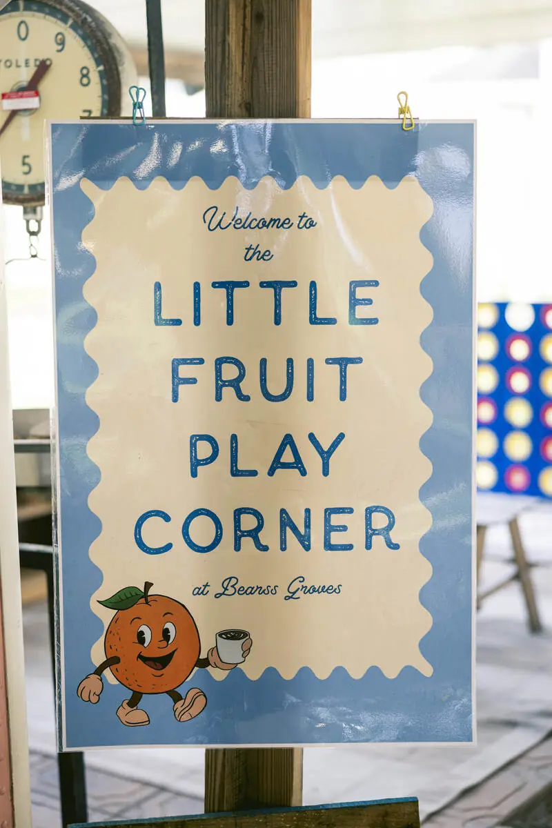 Welcome to the Little Fruit Play Corner sign at Bearss Groves