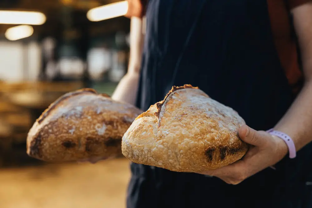Two fresh sourdough loaves held in hand at Good Fruit in Tampa